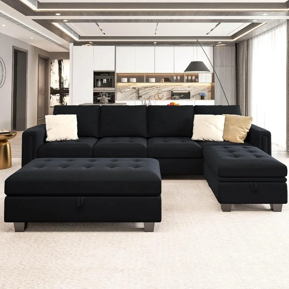 

Velvet Convertible 4-Seat Sectional Sofa with Reversible Chaise L Shaped Sofa Furniture Set Sectional Couch with Storage Ottoman