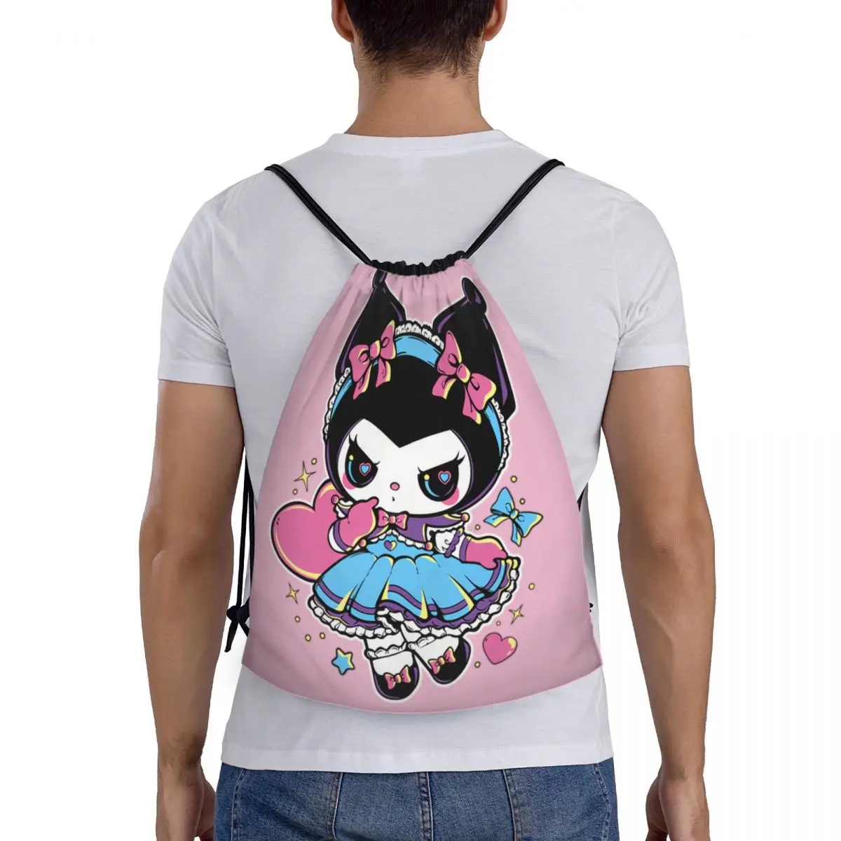 カスタム漫画ウサギクロミ巾着バックパックバッグ女性男性軽量ジムスポーツサックパック袋ショッピング用