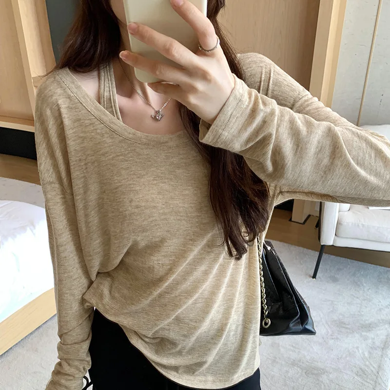Lazy Relaxed Thin Sleeveless Vest Long Sleeve T-Shirt Two-Piece Set For Women Early Autumn New Sun Protection Cover-Up
