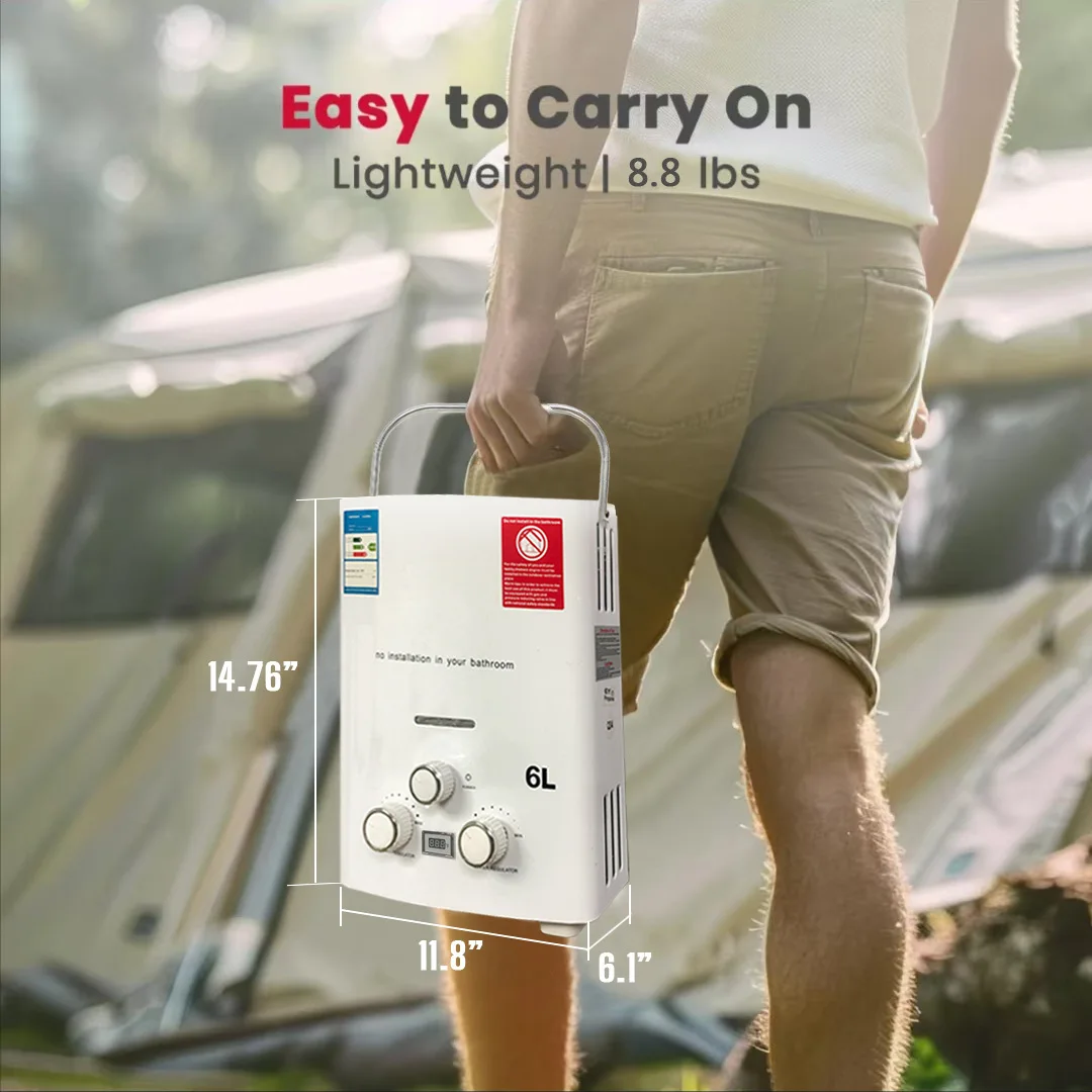 LPG Propane Water Heater 6L Instant Gas Water Heater Overheat & Dry-Burn Protection with Digital Display for Camping RVs Cabin