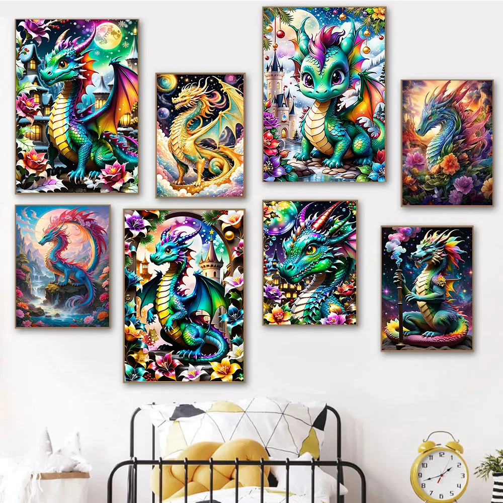 5D Diamond Cute Dragon With Flower Painting DIY Full Drills Fantasy Animal Mosaic Kits Embroidery Cross Stitch Wall Decor Art