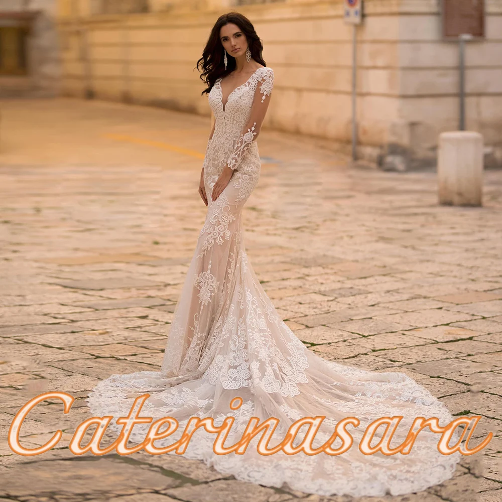 Boho com decote em v rendas apliques sereia vestidos de casamento mangas compridas ilusão sem costas vestido de noiva trem catedral novia