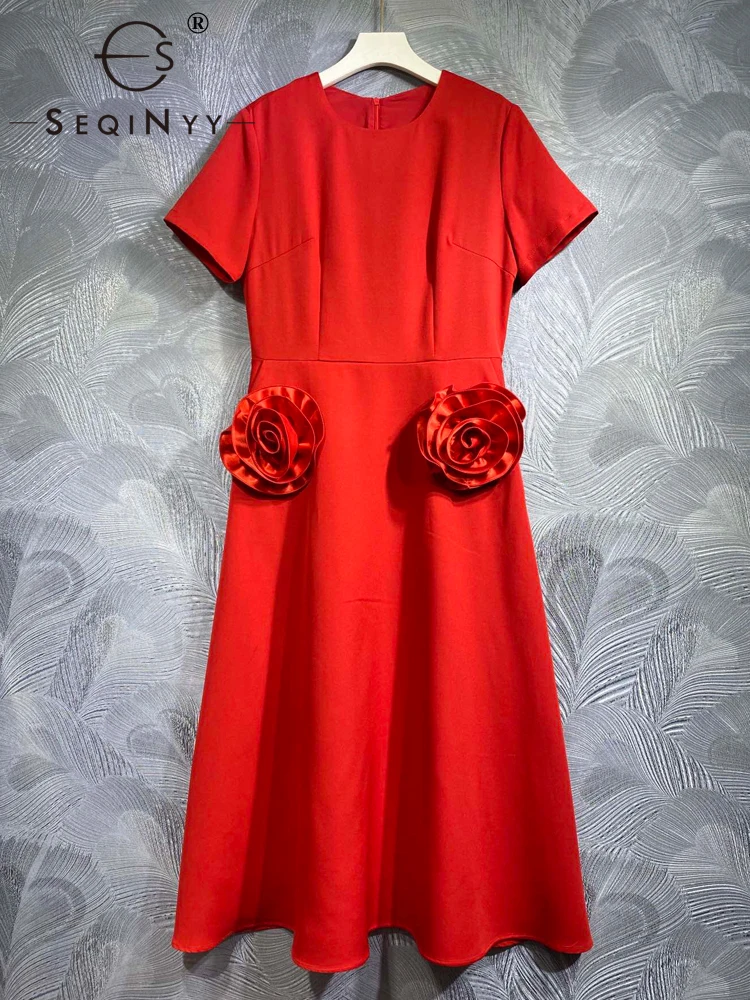 

SEQINYY Elegant Midi Dress Summer Spring New Fashion Design Women Runway Pockets Appliques Flower Office Lady High Street