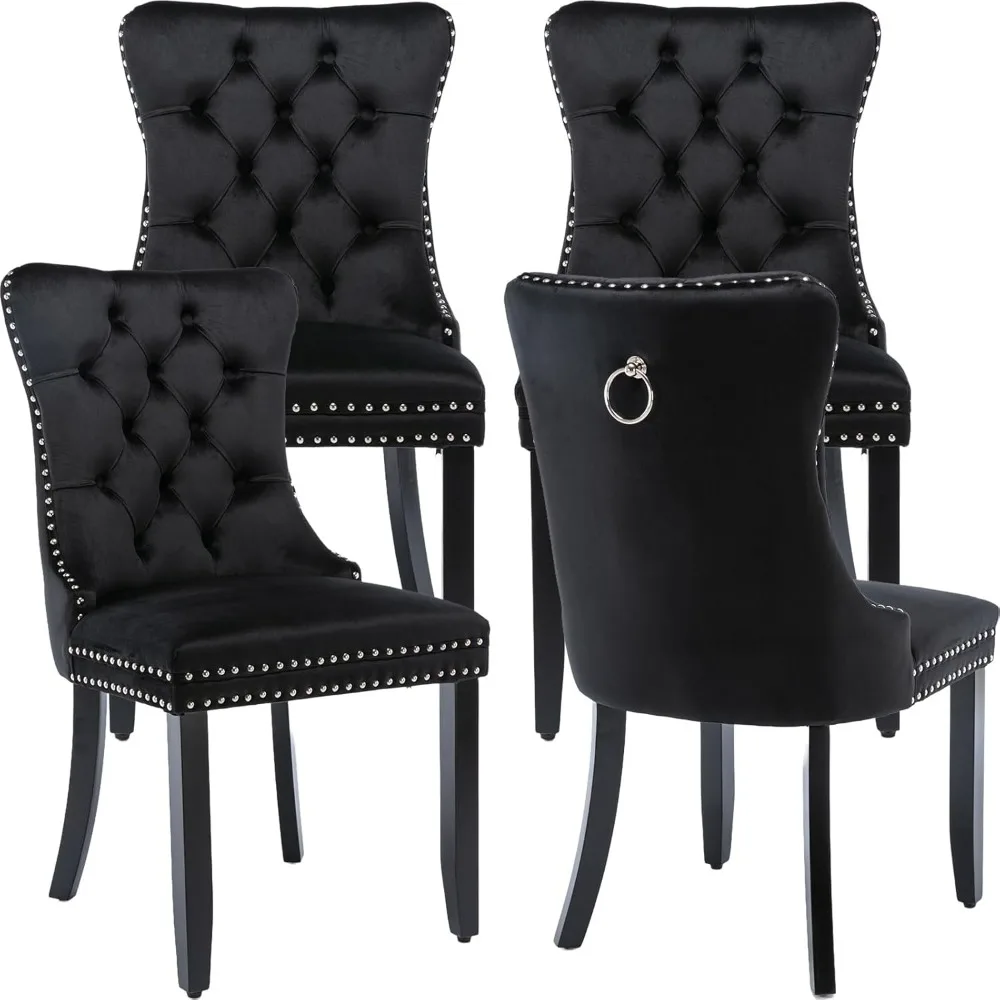 Black Velvet Dining Chairs Set of 4, Four Fabric Tufted Dinning Chairs, Velvet Upholstered, Wing Back,Metal Pull Ring