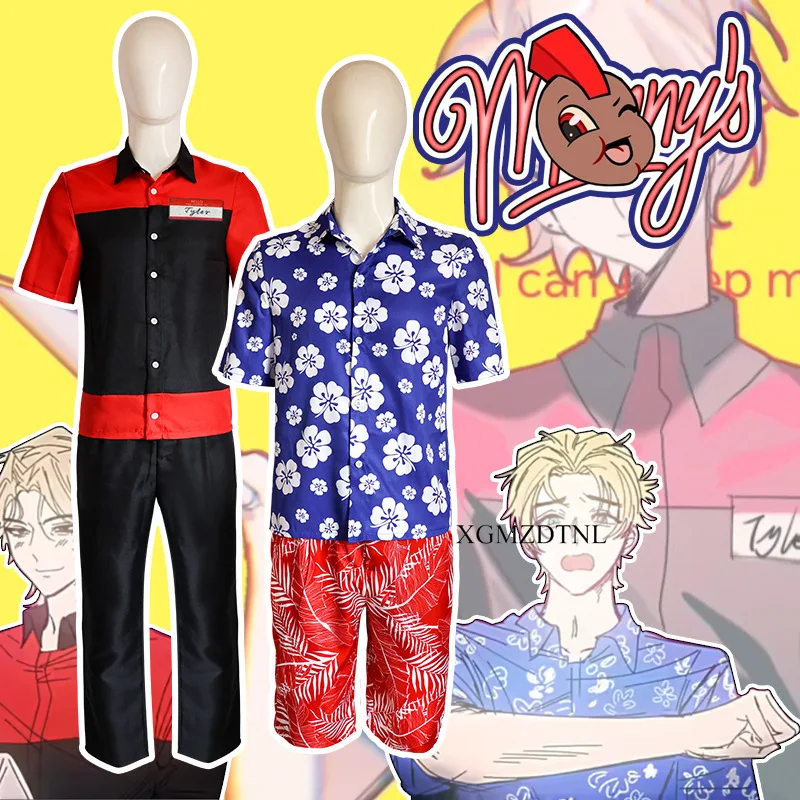 Game Manny‘s Character Bryan Tyler Cosplay Costume Beach Holiday Men Printed Shirts Shorts Restaurant Employees Waiter Uniform