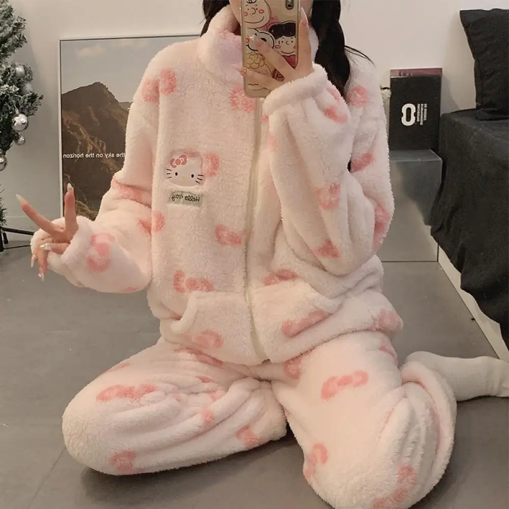 

Милый женский теплый пижамный комплект Hello Kitty Kawaii: осенне-зимняя утепленная домашняя одежда на молнии, мультяшная ночная одежда, милые топы и брюки для девочек