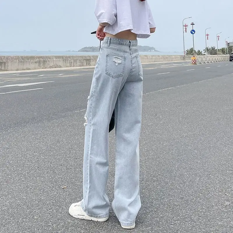 Distressed Jeans for Women\'s 2024 Spring/summer Korean Version New High Waisted Slimming Straight Leg Loose Leg Pants