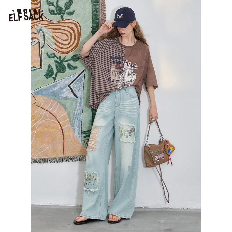 ELFSACK 2025 Summer New Arrivals casual Light-coloured Distressed embroidery wide-leg jeans empire straight embroidery wide-leg