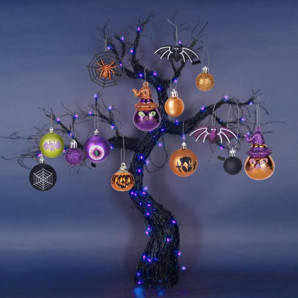 مجموعة زينة كرة الهالوين مكونة من 28 قطعة، زينة شجرة الهالوين المعلقة المقاومة للكسر مع عنكبوت، يقطين، تصميم جمجمة للداخلية