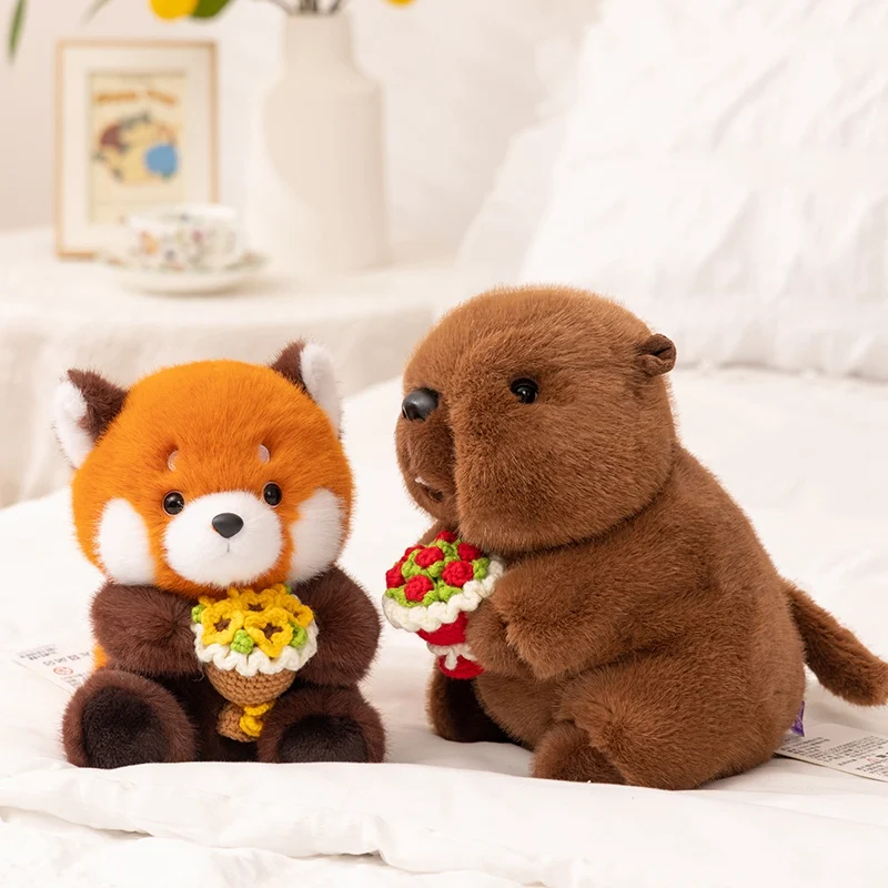 Creatieve draagbare bloem groundhog hoed met roos knuffels knuffeldier zachte minder panda plushi pop bruiloft Valentijn cadeau