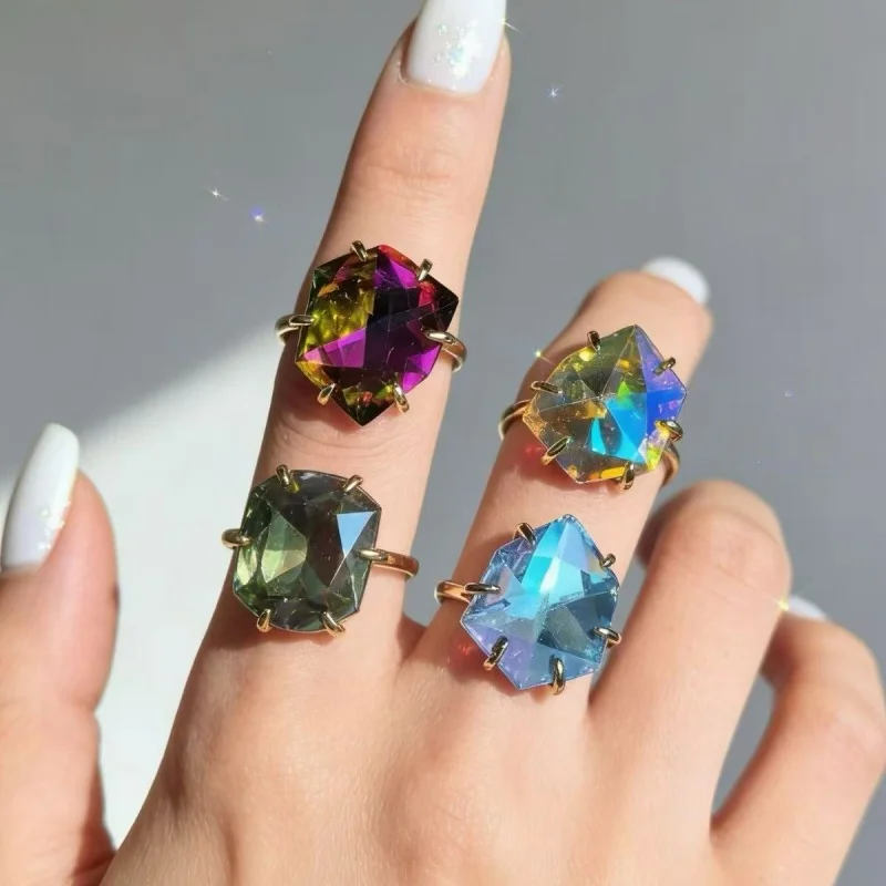 

Irregular Geometric Crystal Ring, Gold Tone Colorful Gradient Gemstone Open Ring, Trendy Statement Jewelry for Women