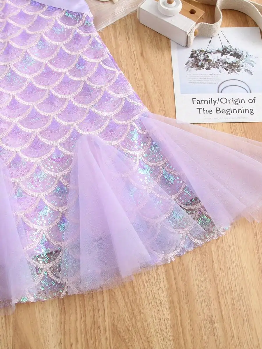 

Adult Purple Sequin Mermaid Tulle Evening Dress Sleeveless Round Neck
