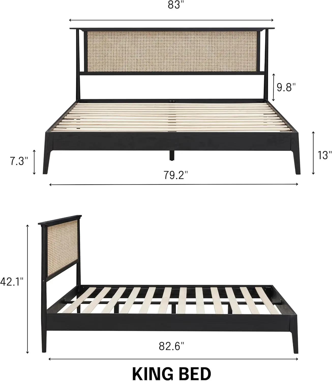 NTC Ruby King Bed Frame, Wooden with Rattan, Solid Oak Slat Support, 1000 lb Capacity, Easy Assembly, Burnt Black