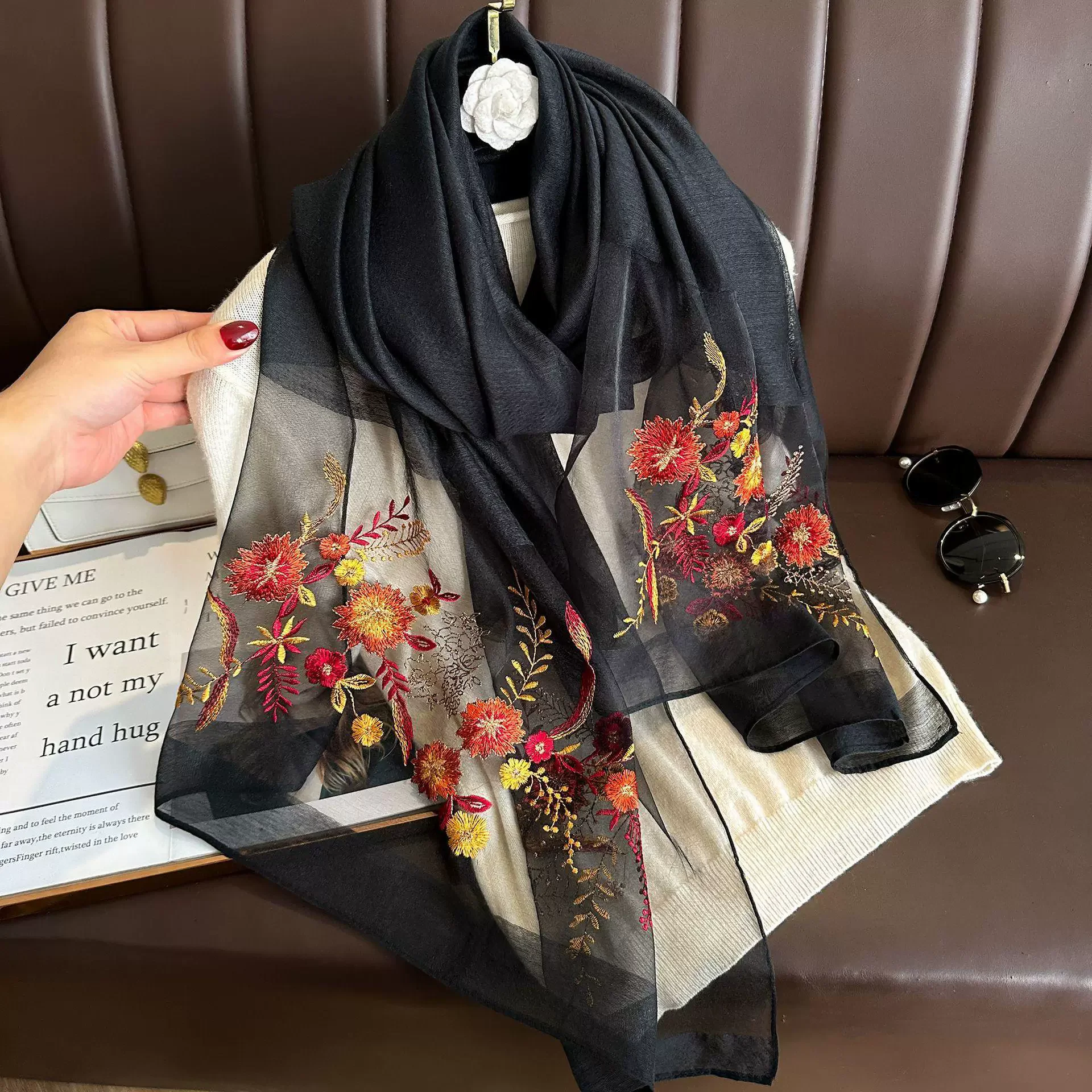 2025 Luxury Soft Thin Silk Feeling Scarf Women Flower Embroidery Foulard Women Hijab Shawls Wrap Large Shiny Lace Scarf For Lady