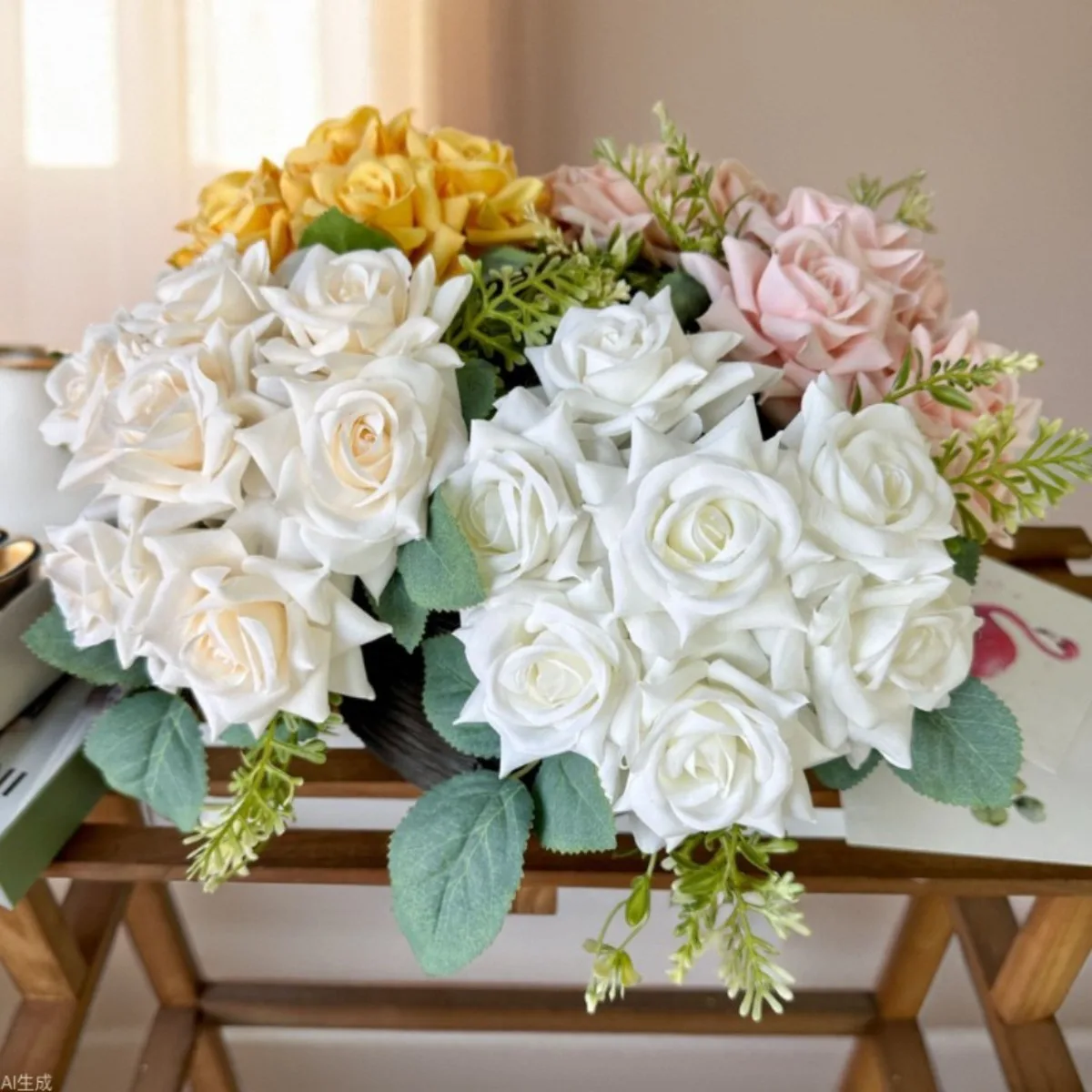 

2 Bunches Artificial Rose Flowers, 7 Heads/ Bunch Rose Bouquet for Home Wedding Kitchen Living Room Flower Arrangement,