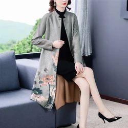 2023 Autumn/Winter New Silk Suede Women's Windbreaker Chinese Style Retro Flower Print Medium Length Loose Large Coat
