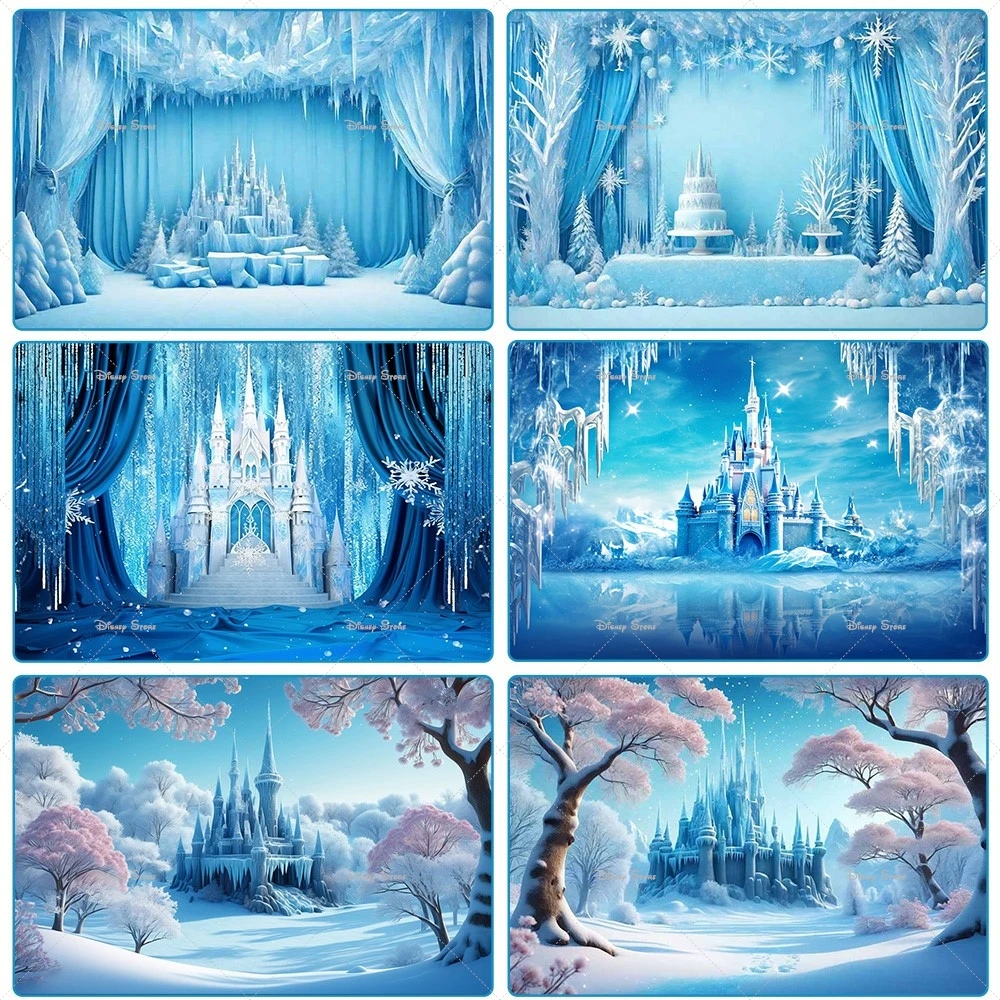 Bannière photographique sur le thème de la princesse des glaces d'hiver, fond de château du pays des merveilles, adapté pour les fêtes de Noël, les anniversaires