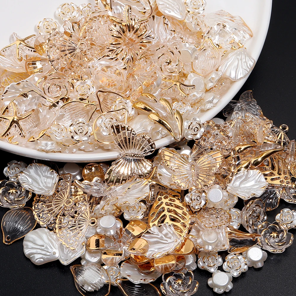 

50g/bag Mixed Resin Baroque Style Perforated Gold Border Transparent Jewelry Pendants Jewelry Finding Necklace