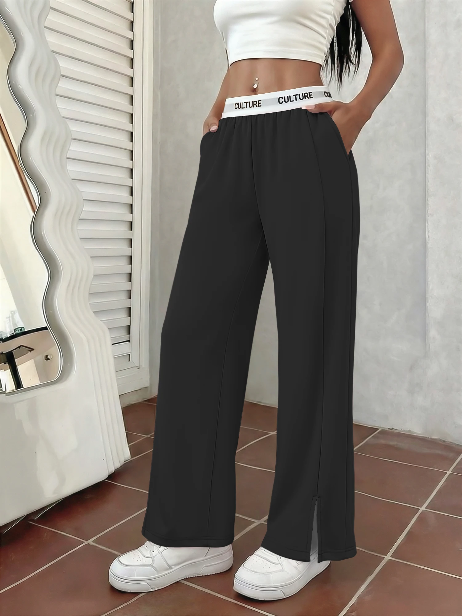 

Классические однотонные широкие брюки для женщин с высокой талией, эластичным поясом, свободные прямые брюки, простой универсальный стиль
