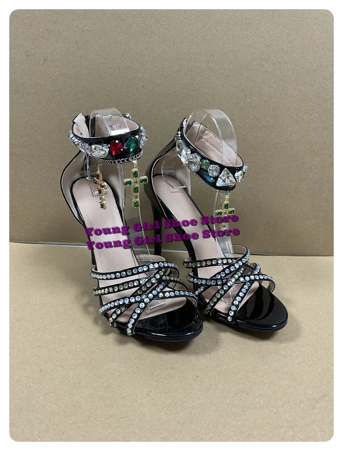 Handmade Rhinestones Detailed Sandals Thin High Heels Round Peep Toe Ankle Strap Buckle Women Stilettos Cross Strap 2024 New