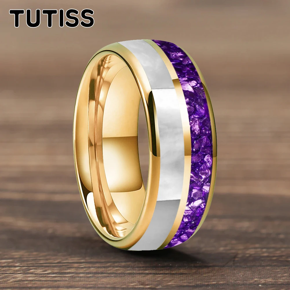 

TUTISS 6/8mm Tungsten ring Dome Double Groove Inlaid With Purple Crystal Stone And Mother Of Pearl Shell For A Comfortable Fit