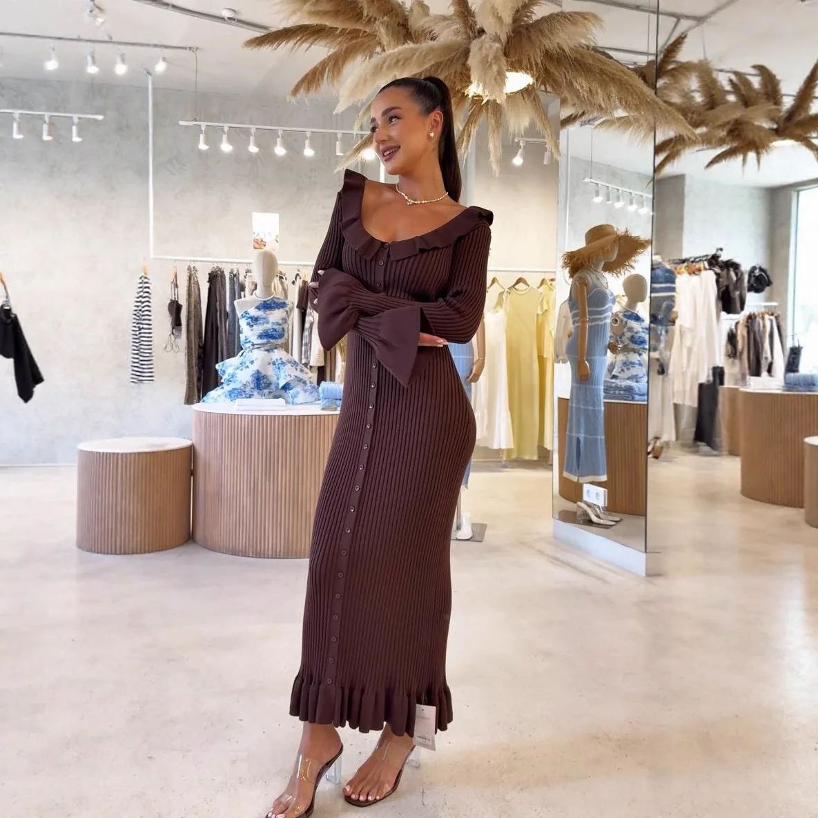 

Women's Knitted Flared Sleeve Mermaid Dress Casual Round Neck Long Sleeve Slim Solid Sweater Midi Dress For Women