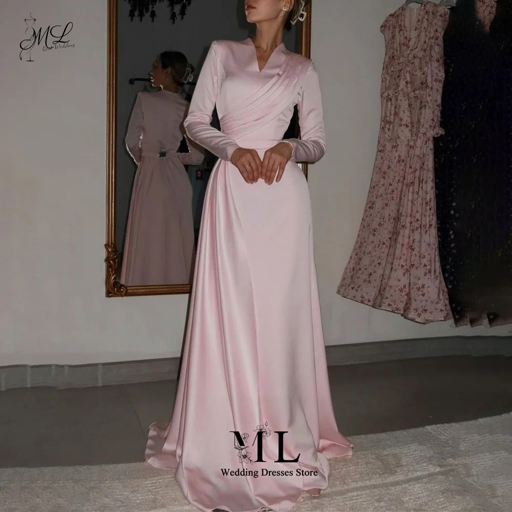 ML Soft Pink V-Neck Pleated Satin Evening Dress Long Sleeves Cross Wrap Saudi Arabia Customized Vestidos De Novia Soirée