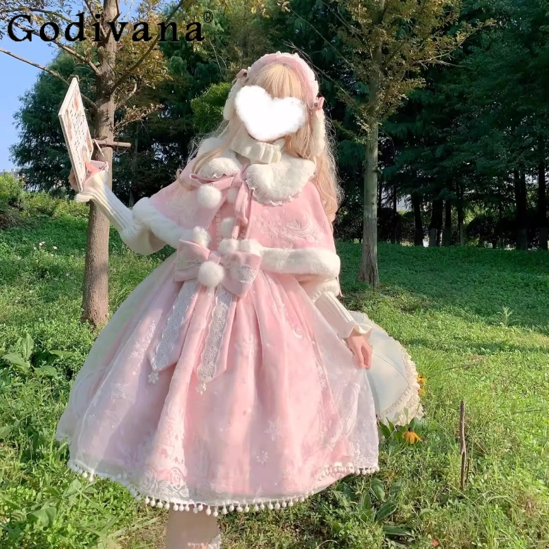 

Girls Winter Lolita Christmas JSK Vest Dress Cape Set Japanese Style Sweet Lolita Dress for Women Warm Birthday Party Dress Suit