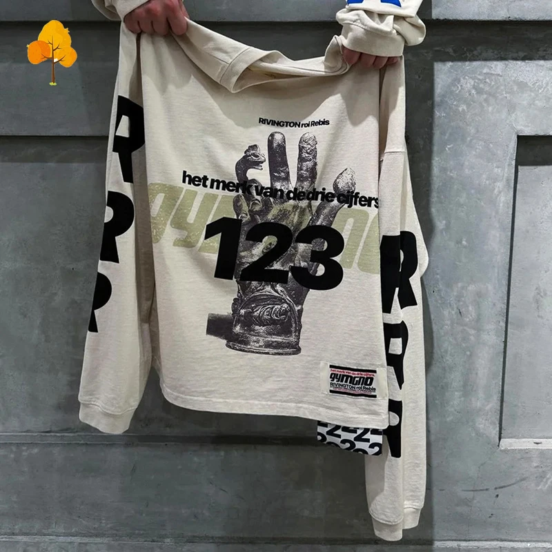 Best Quality Cotton Vintage Washed T Shirt Hand Graffiti Slogan Logo RRR123 Long Sleeved T-Shirt Oversized Tops Tee Inside Tags