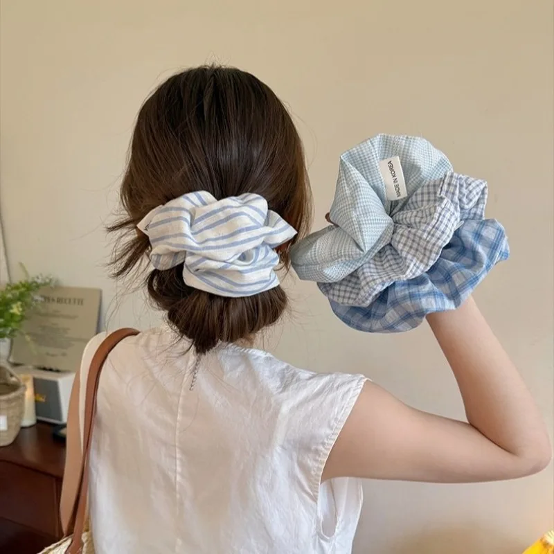

Blue Striped Plaid Floral Large Intestine Hair Band Headband Sweet Versatile Fabric Tie Hair Rubber Band Hair Jewelry