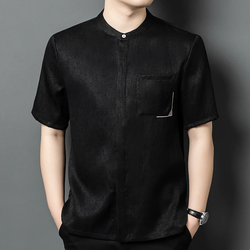 

Premium Silk Covered Button Shirts For Men Loose Fit Breathable Summer Quality Jacquard Skin-Friendly Oversize Camisas De Hombre