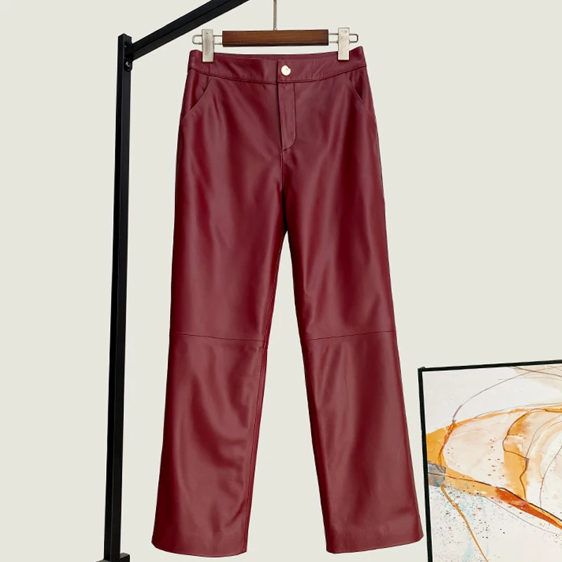 

2026 Spring New Genuine Leather Pants Women's Sheepskin High Waist Straight Pants Slim-fitting Casual Ankle-length Pants Female