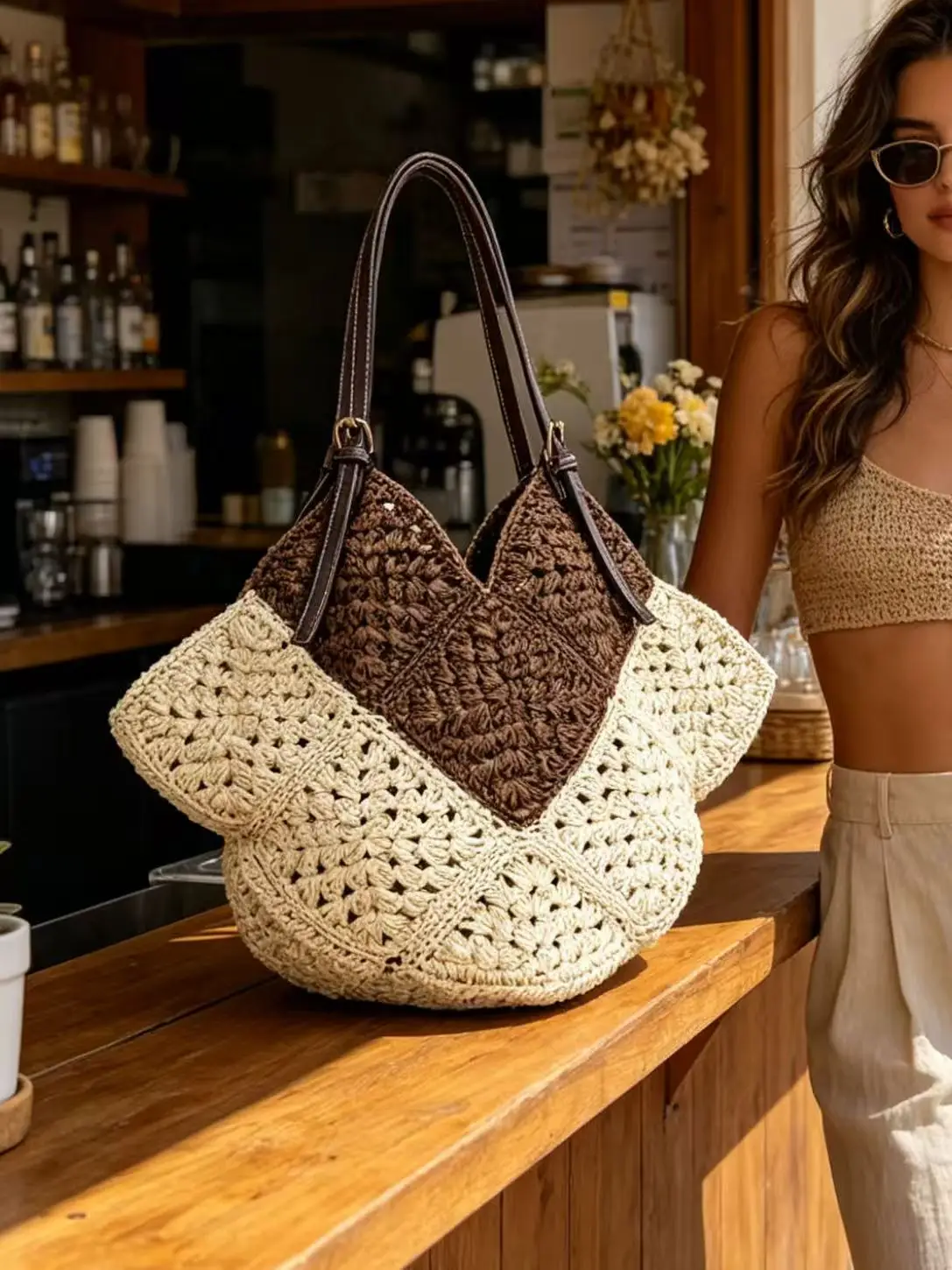 European and American Cross-Border Handmade Woven Straw Shoulder Bag, Single-Color and Two-Color Hollow Woven Tote Bag, Large Capacity Summer Beach Vacation Handbag, Casual Daily Commuting Shopping Bag