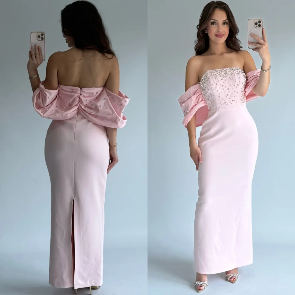 

Customized Temperament Pink Jersey Evening Dress Exquisite Strapless Sleeveless Homecoming Dresses Special Occasion Gowns