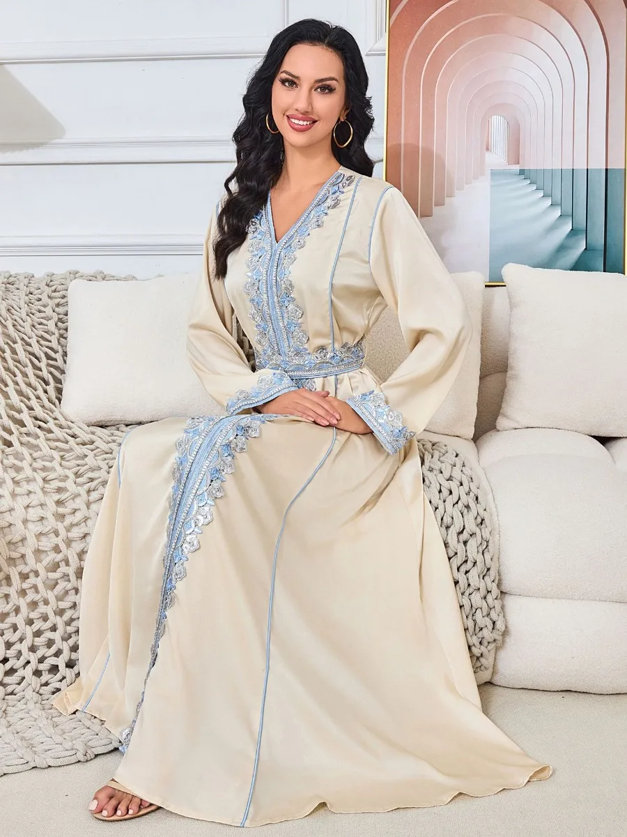 Eid Satin Party Dress for Women Muslim Abaya Embroidery Lace-up Jalabiya Party Dresses Morocco Vestidos Kaftan Long Robe 2024