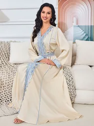 Eid Satin Party Dress for Women Muslim Abaya Embroidery Lace-up Jalabiya Party Dresses Morocco Vestidos Kaftan Long Robe 2024