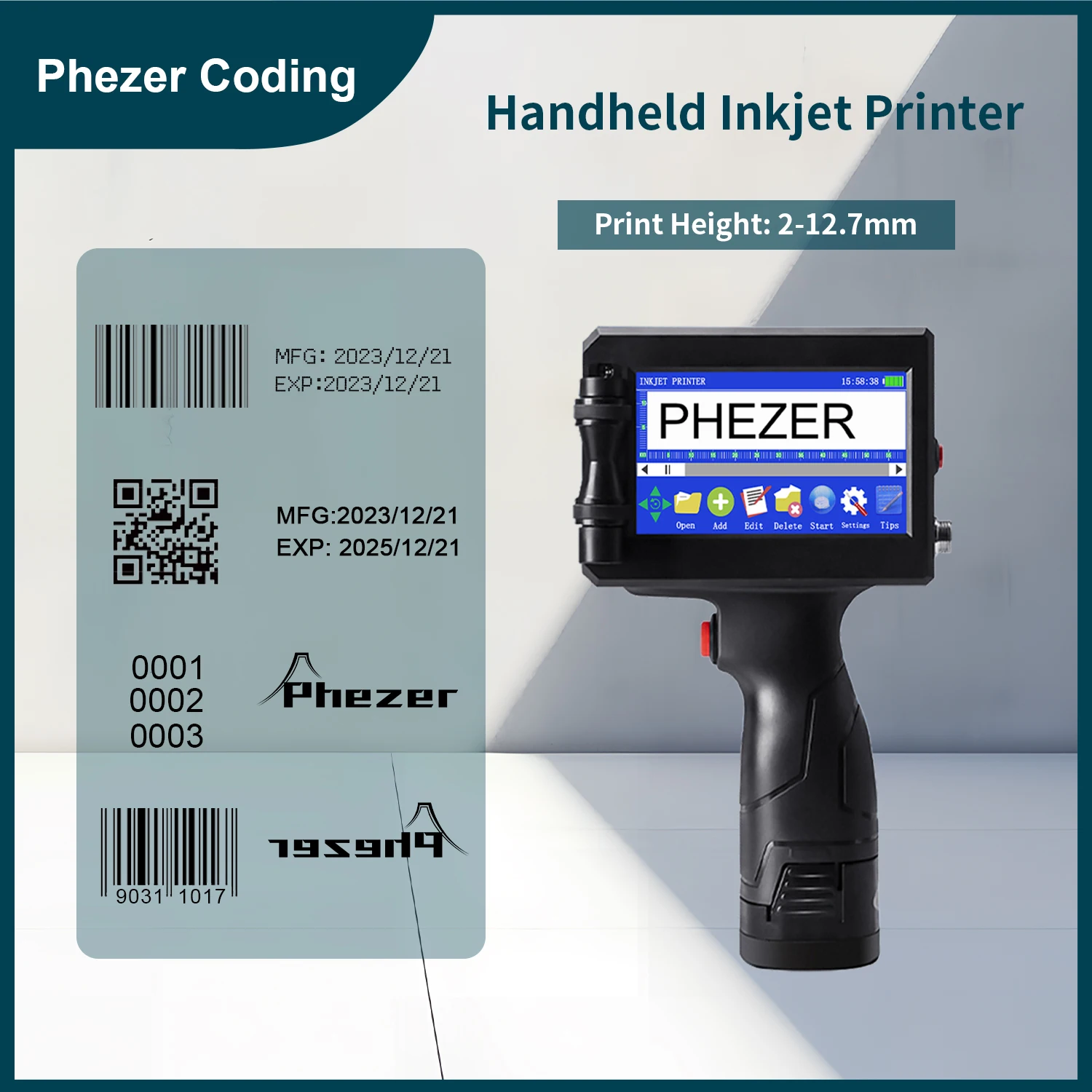 

Phezer 12.7mm Label Printer Batch Code Date Number QR Bar Logo Expiry Date P15 Handheld Inkjet Printer 28 Languages Portable