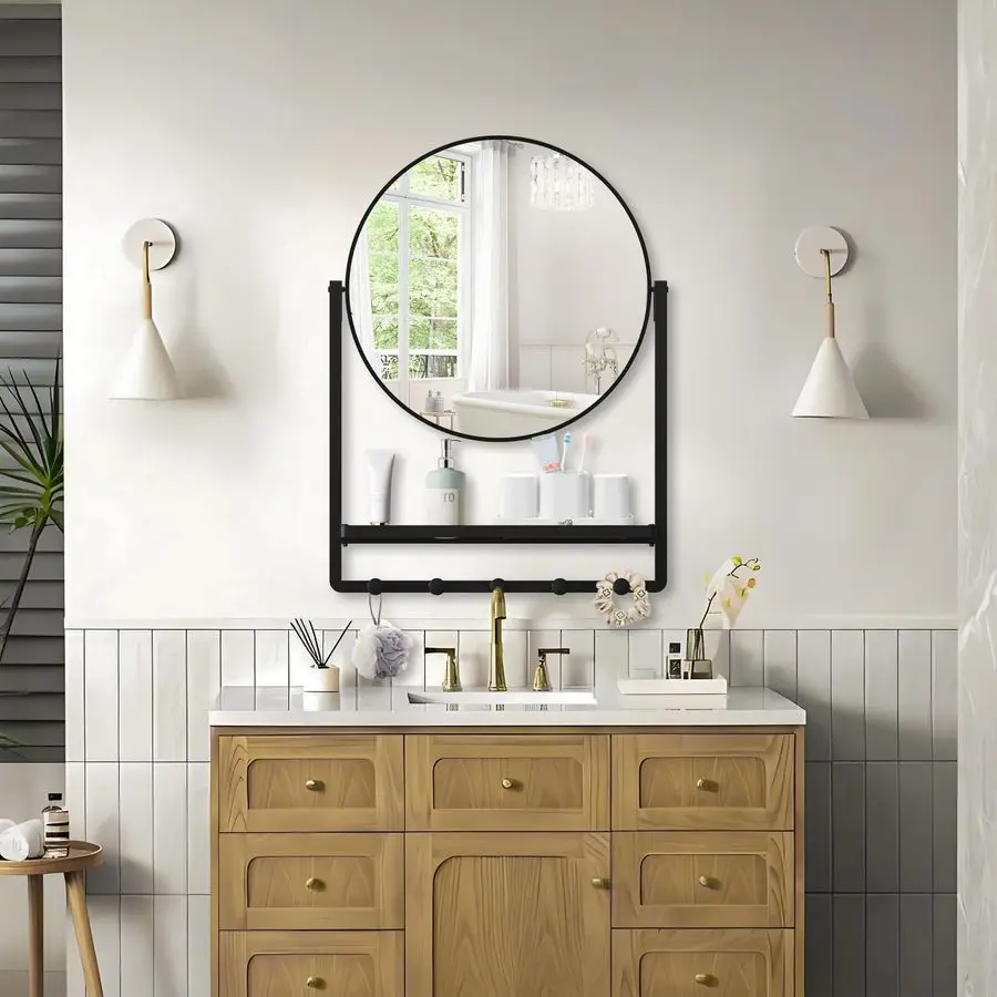 

Modern Black Round Wall Mirror with Shelf and Hooks, 29.5 x 21.7 Large Bathroom Mirror with 10 Adjustable Tilt for Entryway