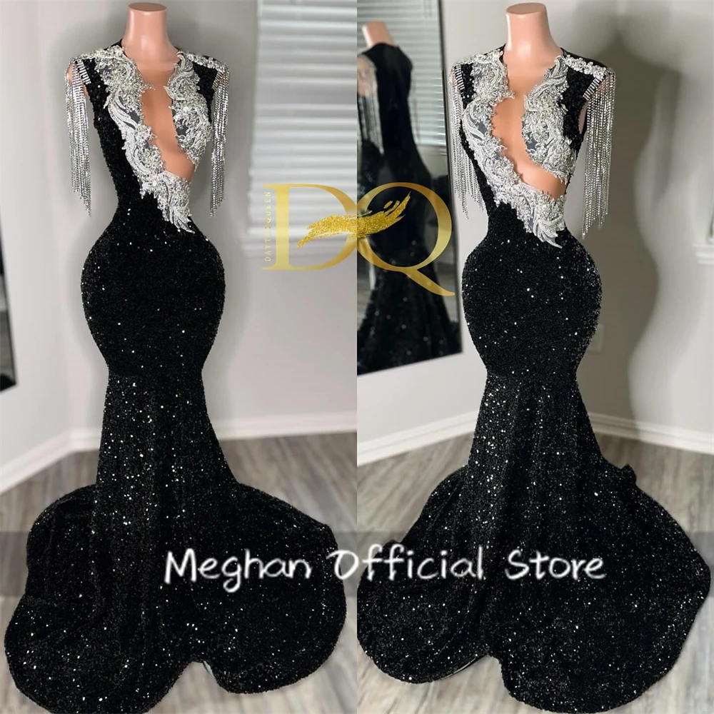 Black O N Sequin Long Prom Dresses Black Girls Bead Crystal Appliques 2025 Birthday Luxury Dress Tassel Evening Gown Customized