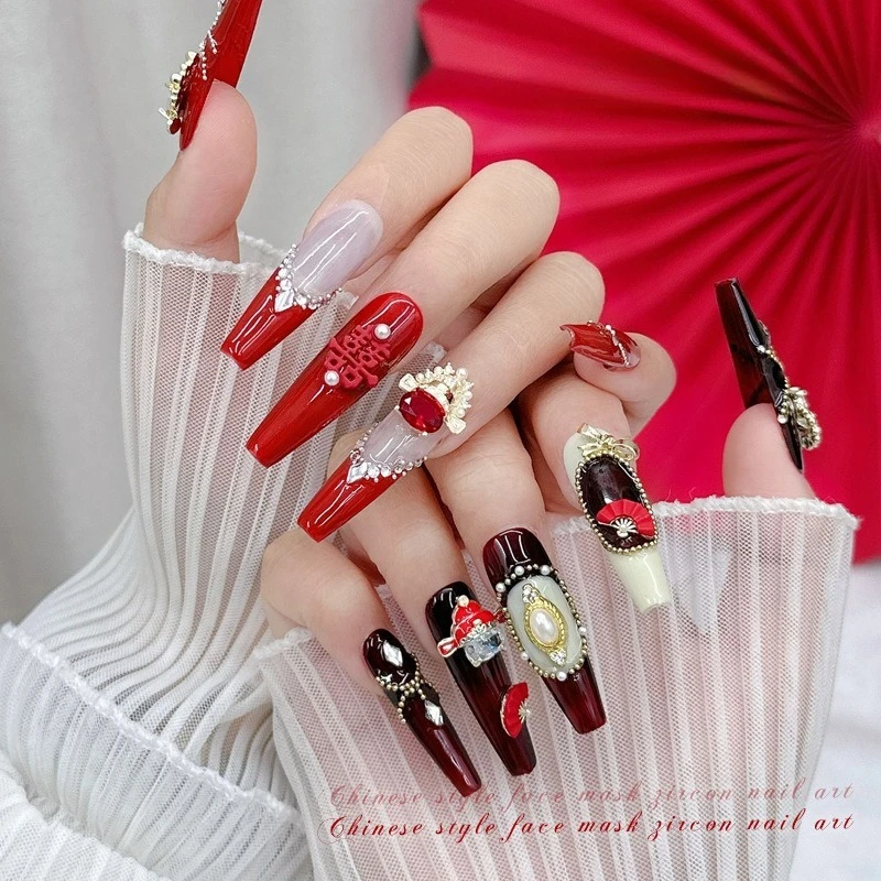 1Pc Festive Red Zircon Nail Charm Chinese Style Fan Opera Mask Rhinestone Ornament Wedding Bridal DIY Nail Manicure Decor