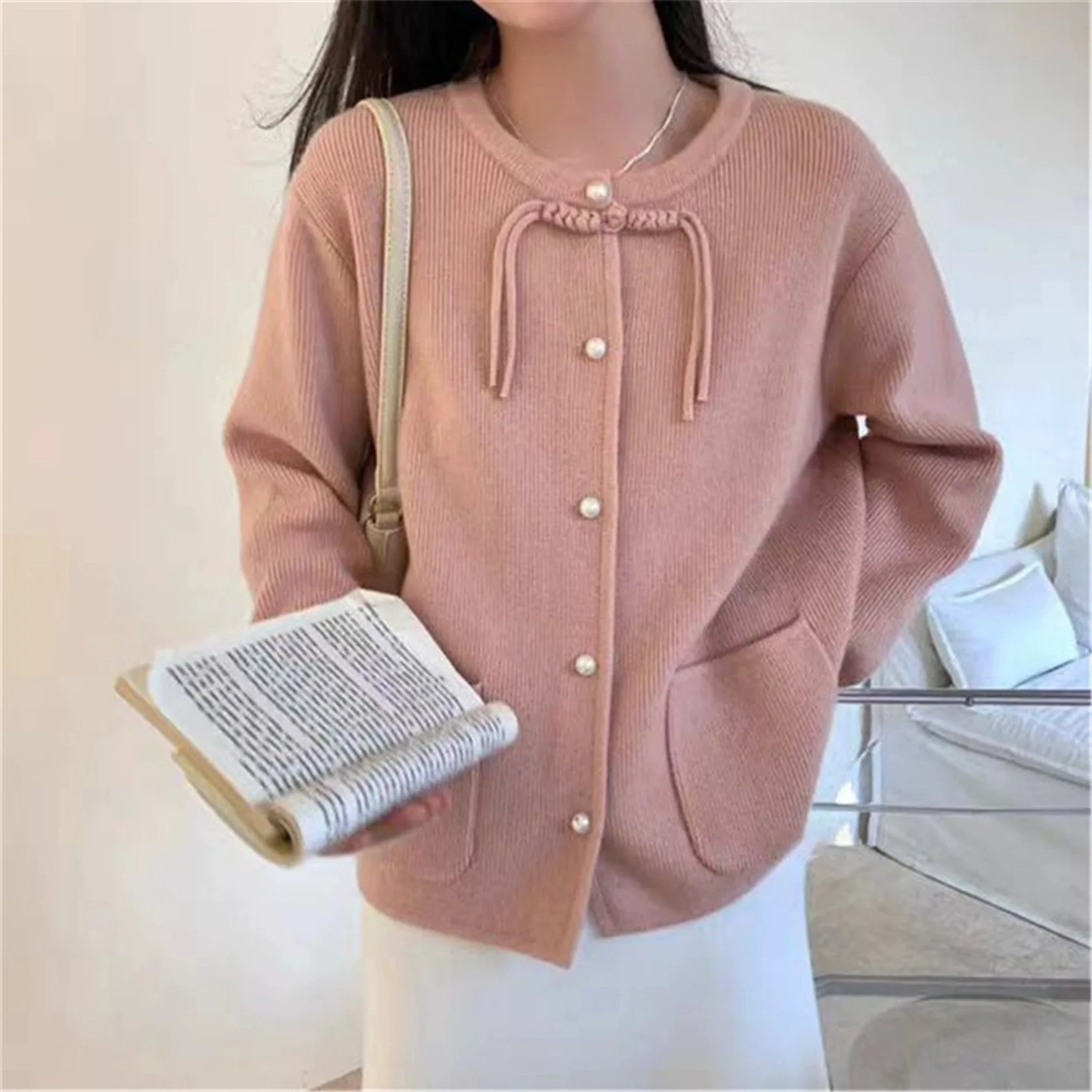 2024 Autumn and Winter New Pearl Button Tassel Pan Button Knitted Cardigan Round Neck Single breasted Temperament Top