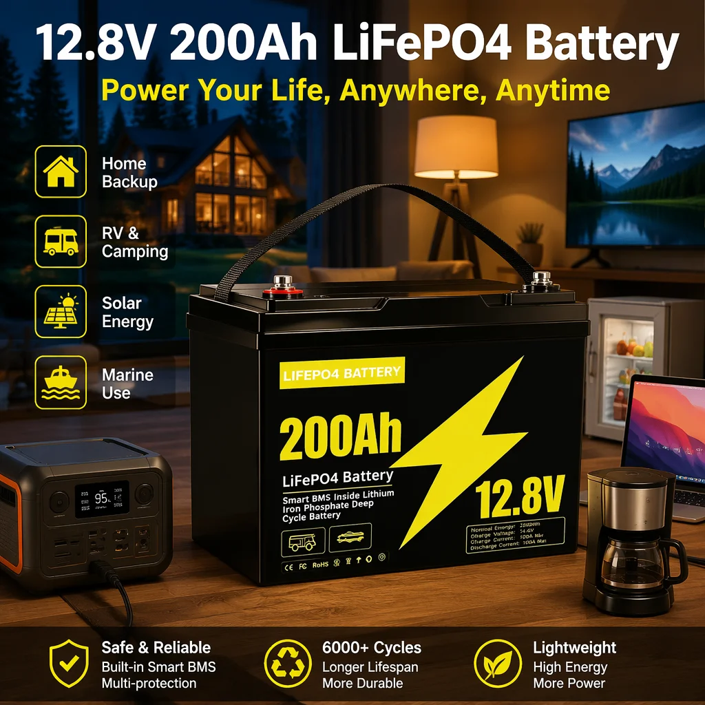 13000 Cycles 12V 200Ah GP24 LiFePO4 Battery Real-time Detection For RV Camper Boat Trolling Motor Energy Storage