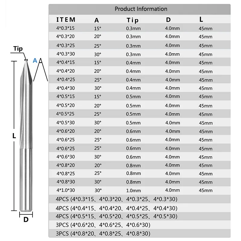 밀링 커터 4mm 생크 2 플루트 스트레이트 V 비트 15/20/25/30 도 V 모양 조각 비트 팁 0.3-1.0mm, CNC 조각 커터