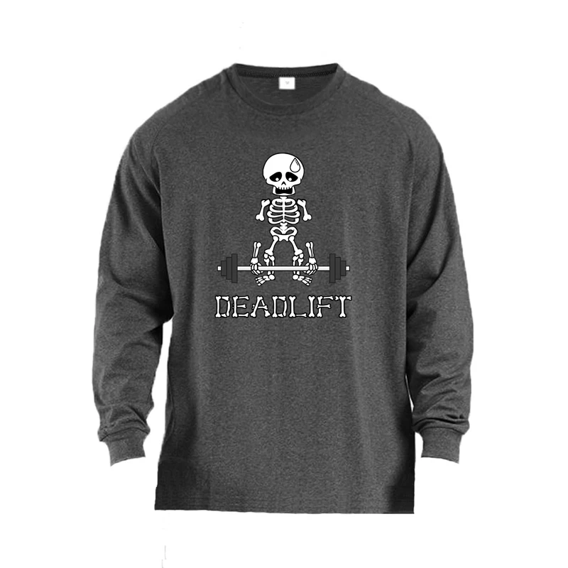Human Skeleton Deadlift Barbell Gym Tops Men Fitness Bodybuilding Oversized T-Shirts Autumn Cotton Breathable Long Sleeve Shirts