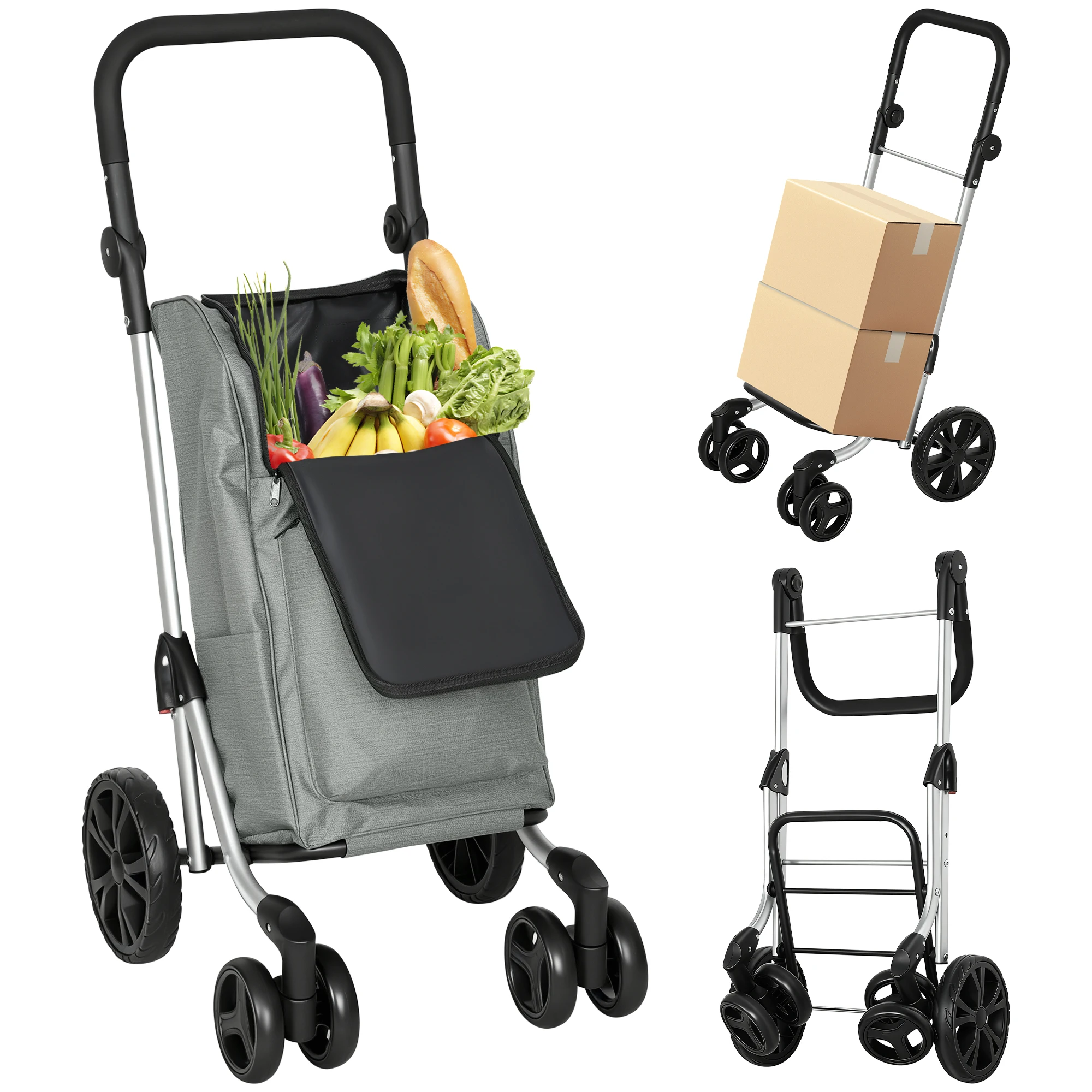 Homcom 46 L Chariot de courses pliable Chariot 3 en 1 avec sac thermique 6 roulettes et poignée réglable 44X58X100 cm Gris