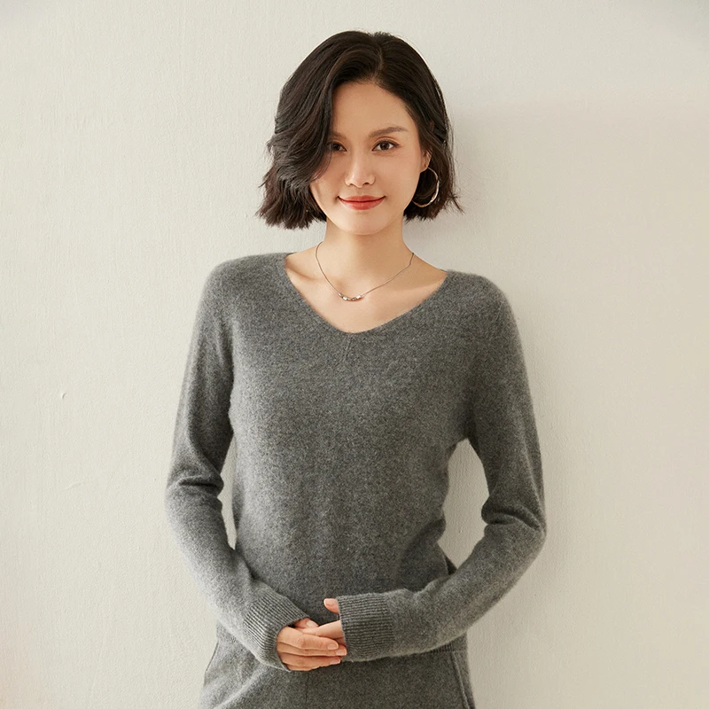 First-Line Ready-To-Wear Hollow V-Neck 65% Wool 35% Cashmere Sweater Women's Top Ultra Light Soft Knit Pullover Autumn Winter