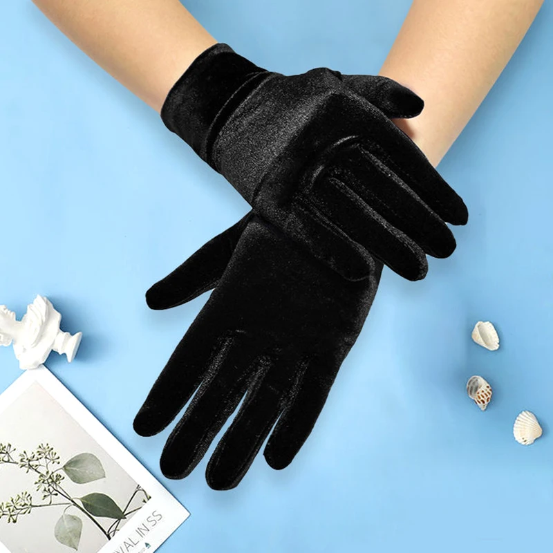 Fashion Short Opera Velvet Gloves for Women Soft Elastic Full Finger Mittens Wrist Length Banquet Gloves Party Costume Gloves