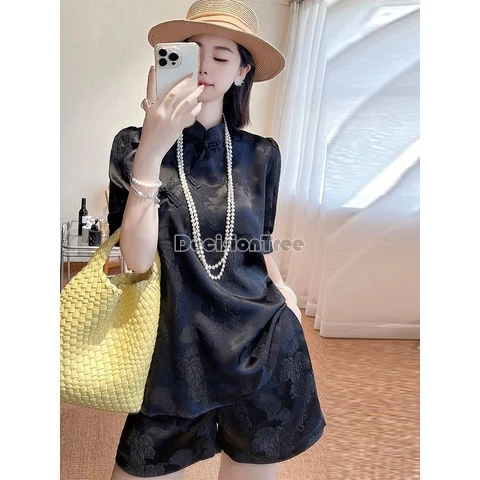 

2024 chinese national style women fashion short-sleeved stand collar shirt wide-leg shorts two-piece summer tang suit set w620