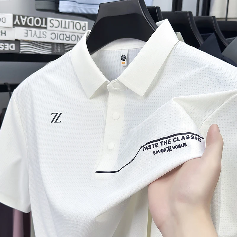 

Men's Polo Shirt Short Sleeve Breathable Letter Print Lapel Trim Placket Summer Business Casual Classic Fashion T-shirt Menswear