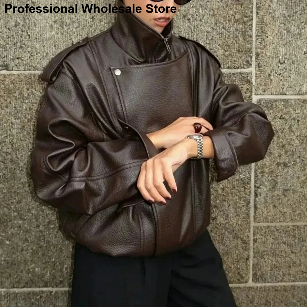 Kunstlederjacke für Damen Luxuriöse Modebekleidung Damen-Trenchcoat Braune PU-Jacke Damen-Langarm-Oberteil Frühlingsjacke